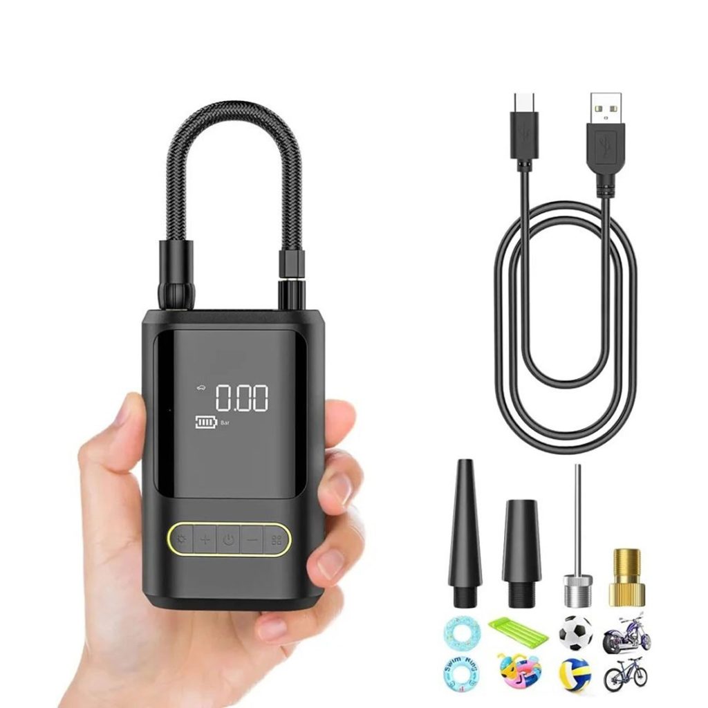 پمپ باد هوشمند شارژی تایر خودرو مدل ATJ‑8466 با چراغ قوه LED