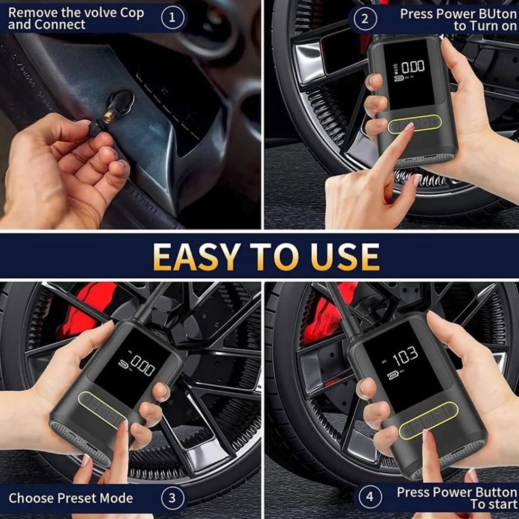 پمپ باد هوشمند شارژی تایر خودرو مدل ATJ‑8466 با چراغ قوه LED