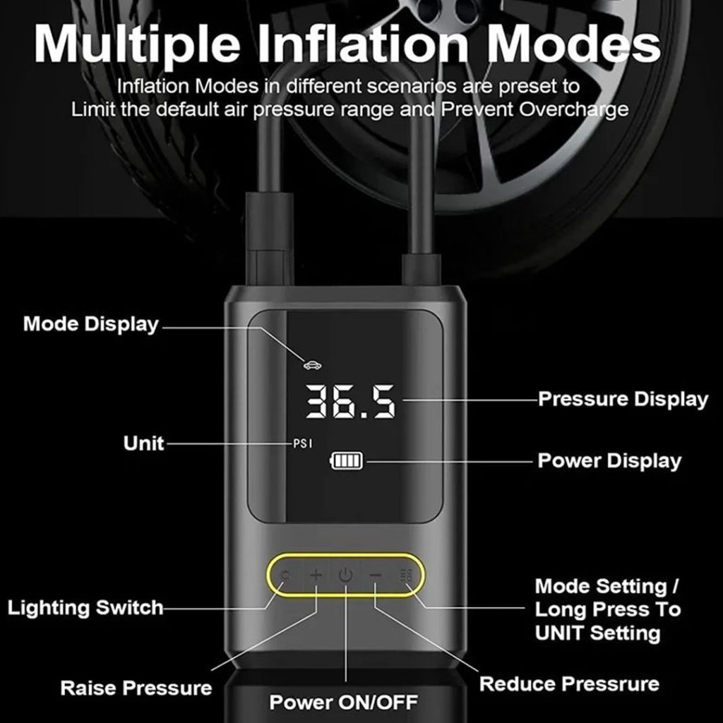 پمپ باد هوشمند شارژی تایر خودرو مدل ATJ‑8466 با چراغ قوه LED