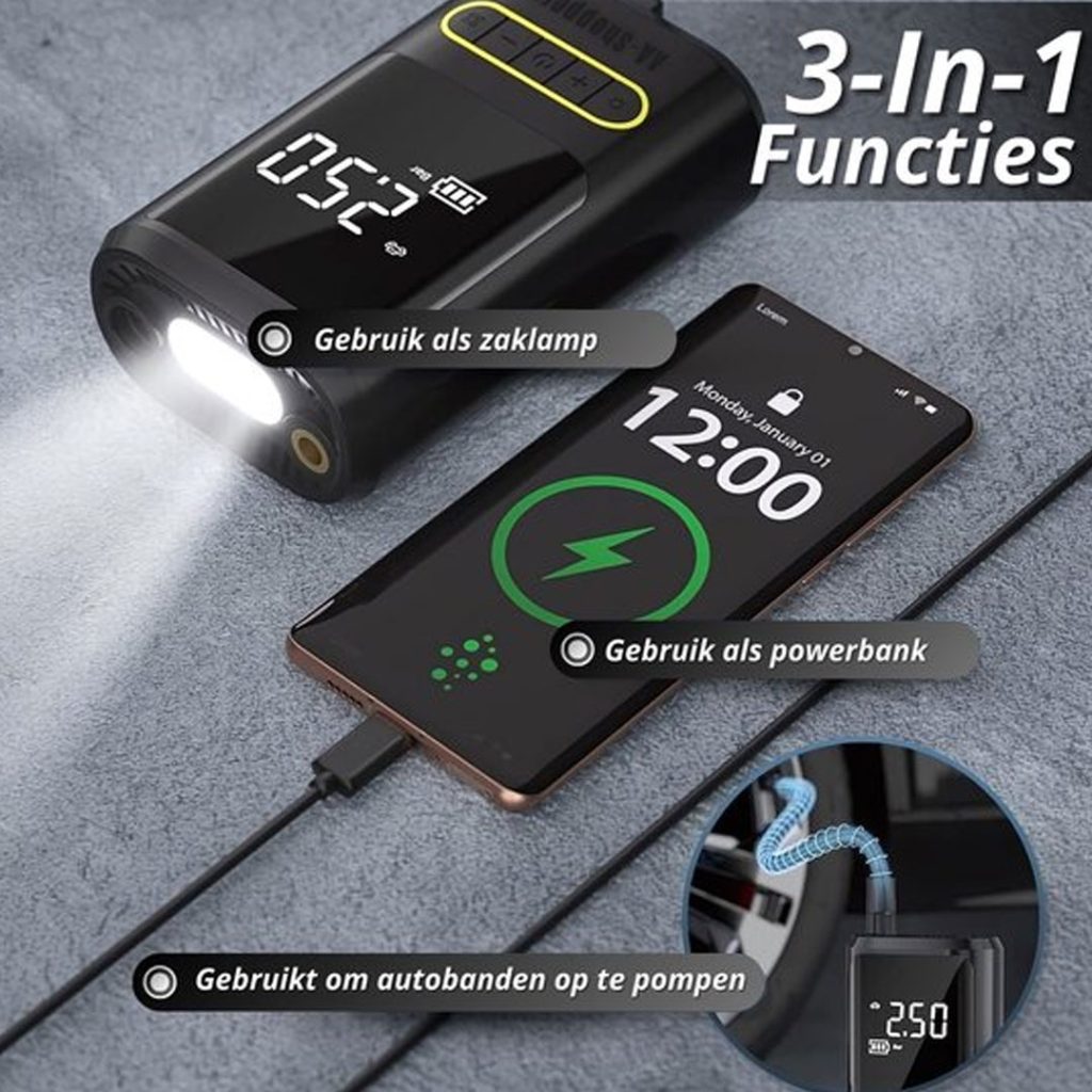 پمپ باد هوشمند شارژی تایر خودرو مدل ATJ‑8466 با چراغ قوه LED