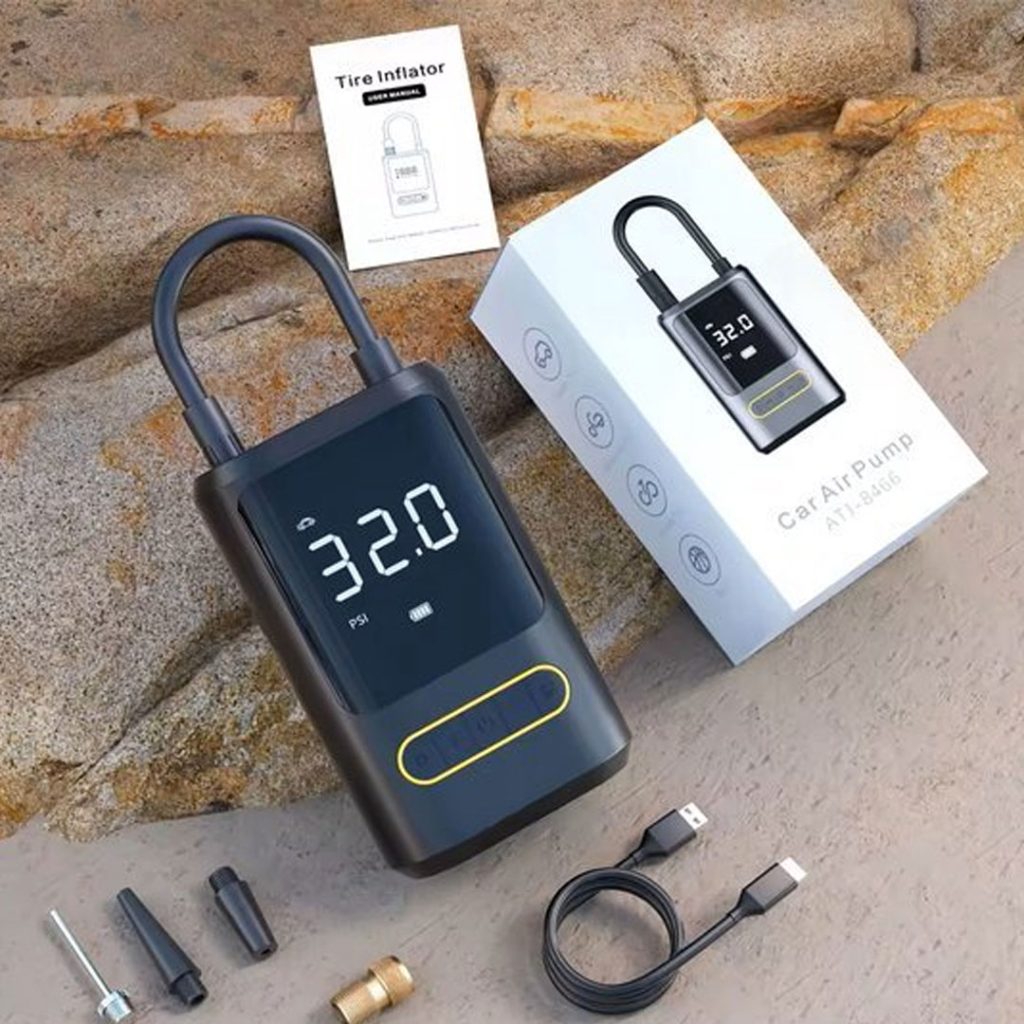 پمپ باد هوشمند شارژی تایر خودرو مدل ATJ‑8466 با چراغ قوه LED